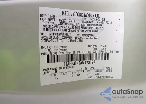 2010 Ford Focus Se z USA, uszkodzony, nr VIN 1FAHP3FN0AW193127